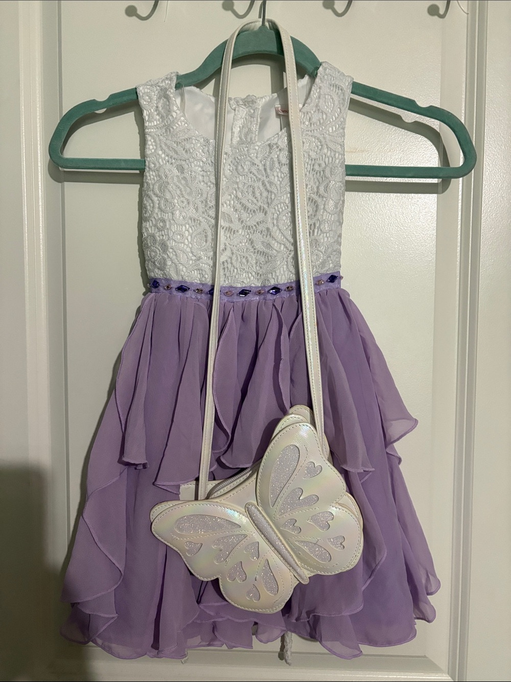 White & Lavender Lace Chiffon Ruffle Girls Dress with Matching Purse Bundle